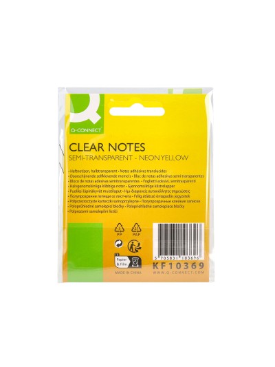 Bloc de notas adhesivas quita y pon q-connect 76x76 mm removible plastico translucido amarillo neon con 50 hojas