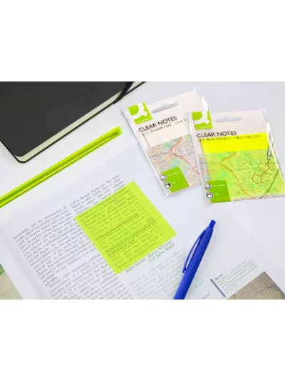 Bloc de notas adhesivas quita y pon q-connect 76x76 mm removible plastico translucido amarillo neon con 50 hojas