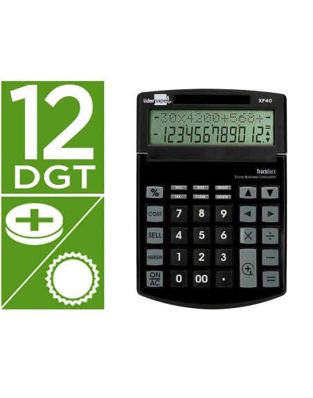 Calculadora liderpapel sobremesa xf40 12 digitos dos lineas solar y pilas negro 175x120x30 mm 40% reciclada