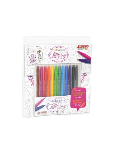 Set de dibujo alpino iniciacion al lettering 12 rotuladores punta fina y punta pincel colores surtidos