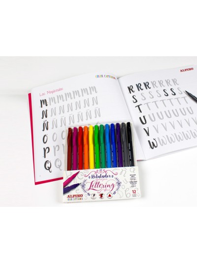 Set de dibujo alpino iniciacion al lettering 12 rotuladores punta fina y punta pincel colores surtidos