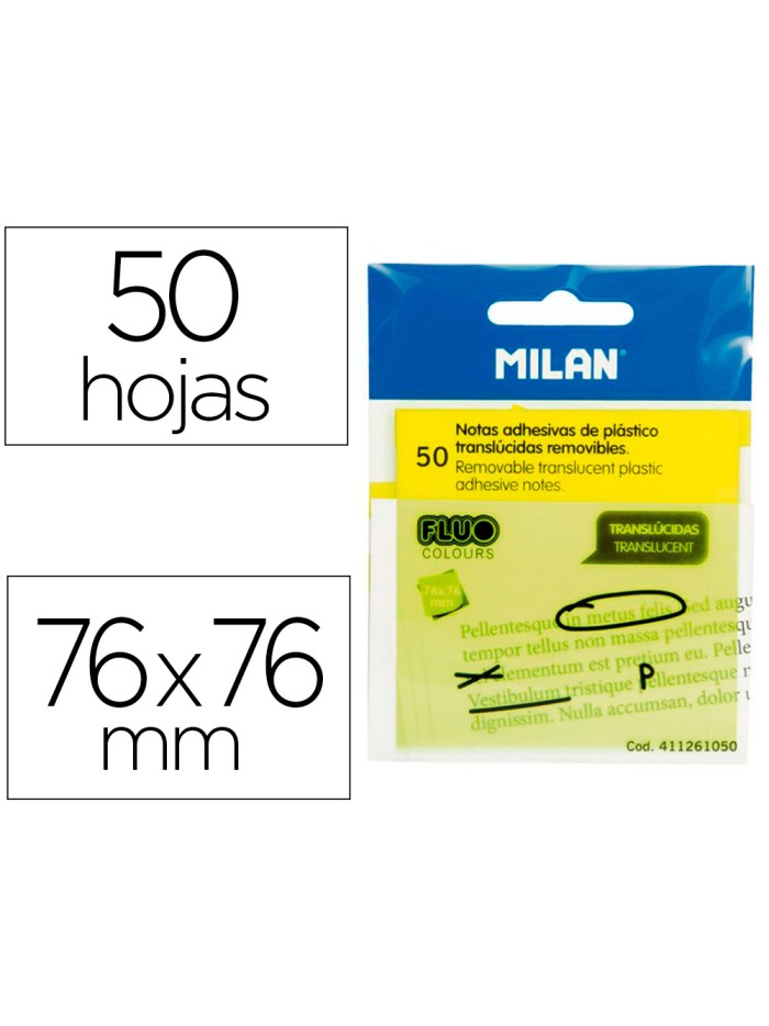 Bloc de notas adhesivas quita y pon milan 76x76 mm removible plastico translucido amarillo fluor 50 hojas Bloc de notas adhesivas quita y pon milan 76x76 mm removible plastico translucido amarillo fluor 50 hojas