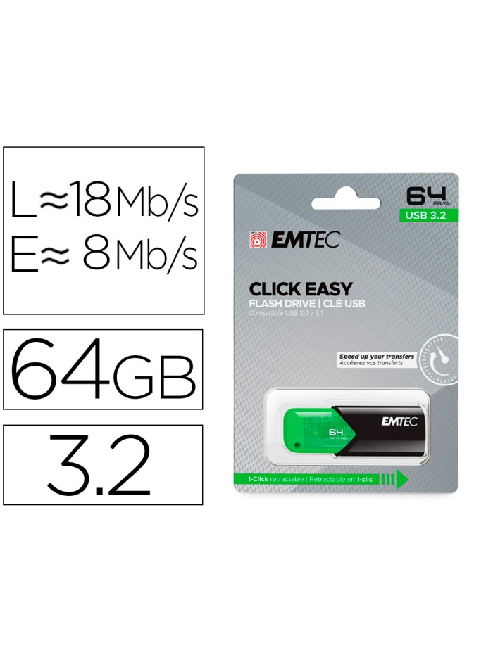 Memoria emtec usb 3.2 click easy 64 gb verde Memoria emtec usb 3.2 click easy 64 gb verde