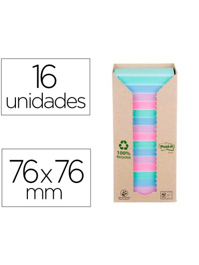 Bloc de notas adhesivas quita y pon post-it 76x76 mm 100% reciclado pefc en torre pack de 16 unidades colores