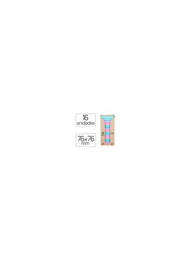 Bloc de notas adhesivas quita y pon post-it 76x76 mm 100% reciclado pefc en torre pack de 16 unidades colores