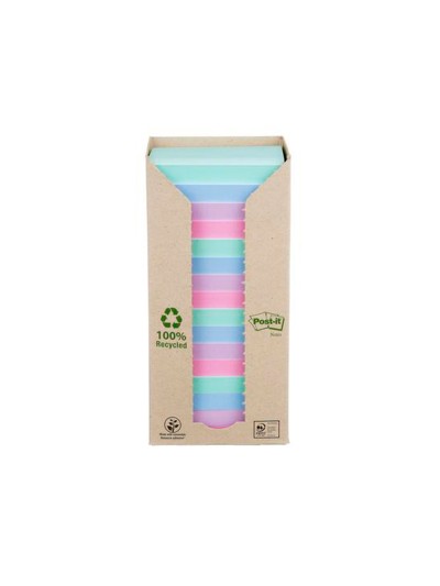 Bloc de notas adhesivas quita y pon post-it 76x76 mm 100% reciclado pefc en torre pack de 16 unidades colores