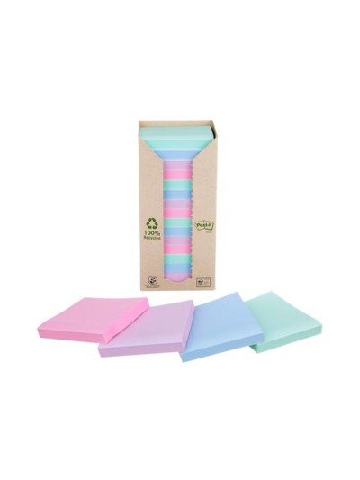 Bloc de notas adhesivas quita y pon post-it 76x76 mm 100% reciclado pefc en torre pack de 16 unidades colores
