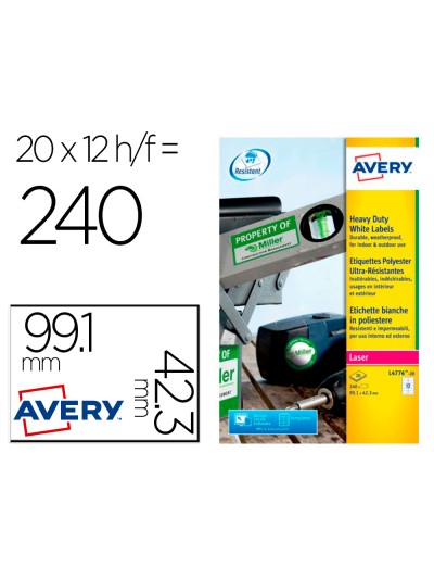Etiqueta adhesiva resistente avery poliester blanco laser 99,1x42,3 mm caja de 240 unidades