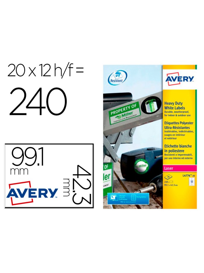 Etiqueta adhesiva resistente avery poliester blanco laser 99,1x42,3 mm caja de 240 unidades Etiqueta adhesiva resistente avery poliester blanco laser 99,1x42,3 mm caja de 240 unidades