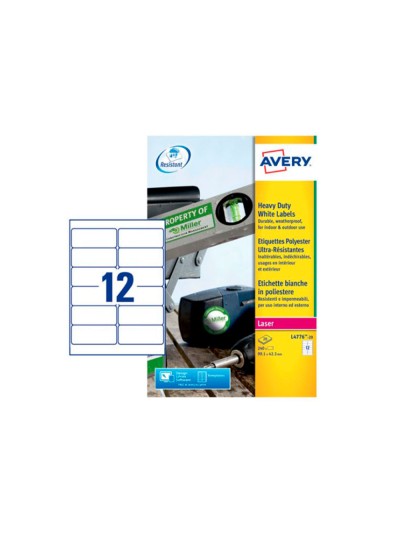Etiqueta adhesiva resistente avery poliester blanco laser 99,1x42,3 mm caja de 240 unidades