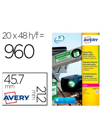 Etiqueta adhesiva resistente avery poliester blanco laser 45,7x21,2 mm caja de 960 unidades