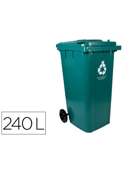 Papelera contenedor q-connect plastico con tapadera y ruedas 240 litros verde 1040x620x610 mm