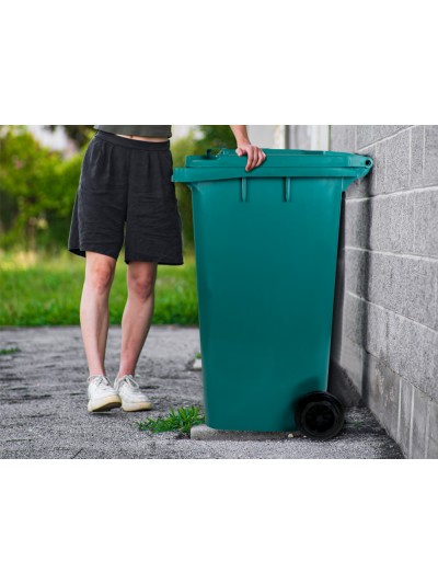 Papelera contenedor q-connect plastico con tapadera y ruedas 240 litros verde 1040x620x610 mm