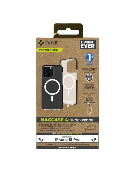Funda muvit recycletek magsafe shockproof 3m para apple iphone 15 pro transparente - negra