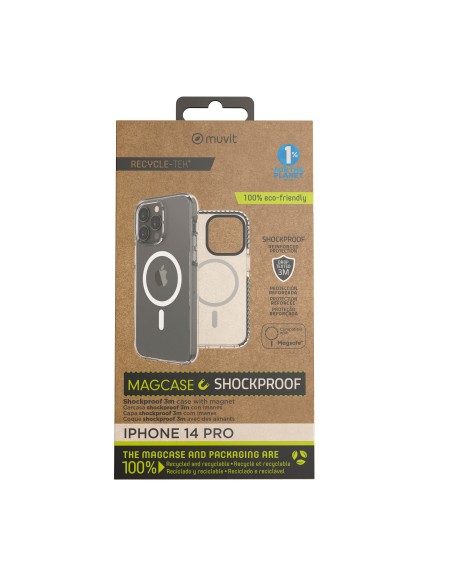 Funda muvit recycletek magsafe shockproof 3m para apple iphone 14 pro transparente - negra