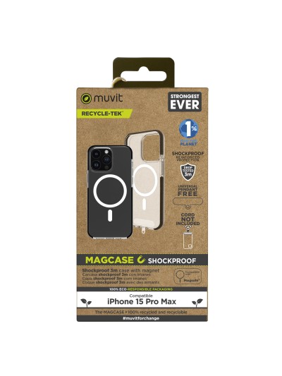 Funda muvit recycletek magsafe shockproof 3m para apple iphone 15 pro max transparente - negra
