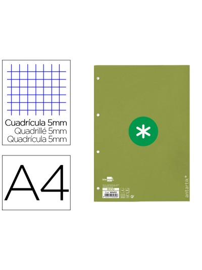 Recambio a4 antartik 80 hojas 90g/m2 cuadro 5mm 4 taladros 1 banda con marco color verde