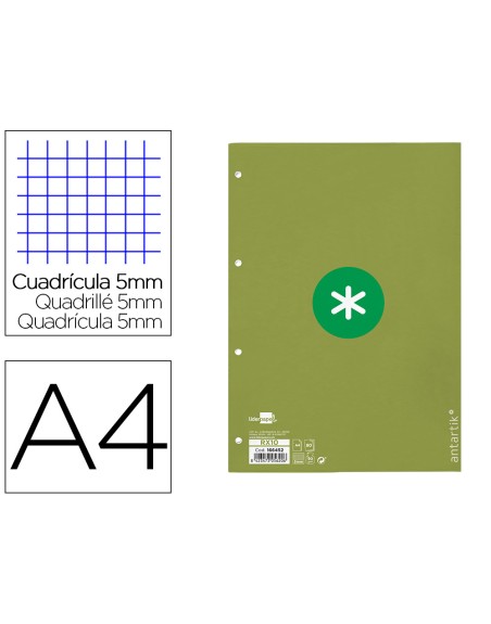 Recambio a4 antartik 80 hojas 90g/m2 cuadro 5mm 4 taladros 1 banda con marco color verde