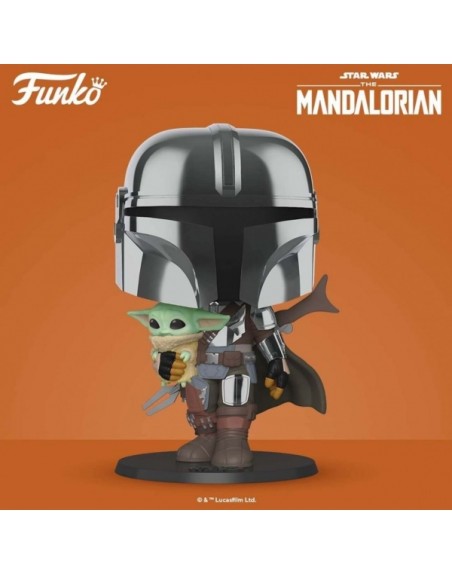 Funko pop star wars the mandalorian el mandaloriano xl version armadura cromatica con yoda en brazos 49931