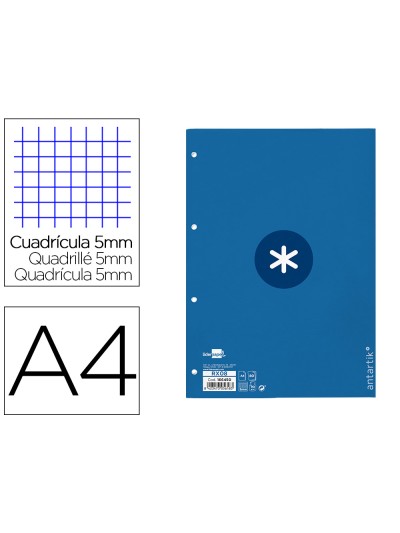 Recambio a4 antartik 80 hojas 90g/m2 cuadro 5mm 4 taladros 1 banda con marco color azul oscuro