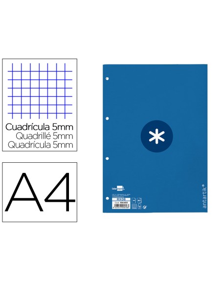 Recambio a4 antartik 80 hojas 90g/m2 cuadro 5mm 4 taladros 1 banda con marco color azul oscuro