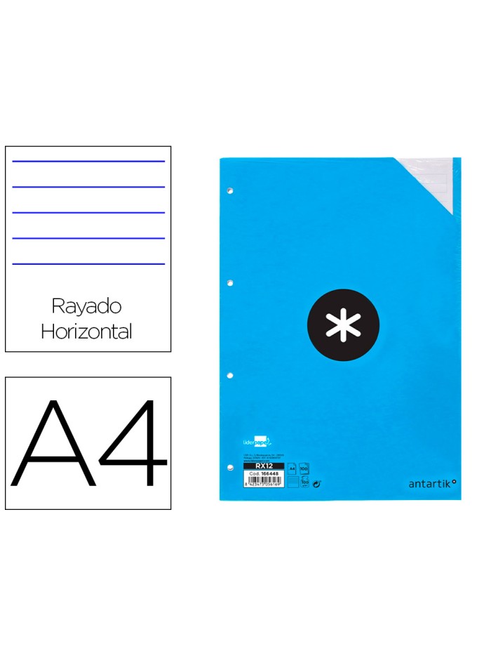Recambio antartik a4 100 hojas 100g/m2 rayado horizontal 4 taladros bandas de 5 colores Recambio antartik a4 100 hojas 100g/m2 rayado horizontal 4 taladros bandas de 5 colores