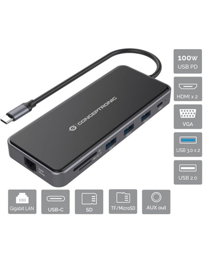 Adaptador conceptronic usb tipo c a gigabit ethernet rj45 - hdmi - vga - con hub usb 3 puertos - usb tipo c - lector de tarjetas Adaptador conceptronic usb tipo c a gigabit ethernet rj45 - hdmi - vga - con hub usb 3 puertos - usb tipo c - lector de tarjetas