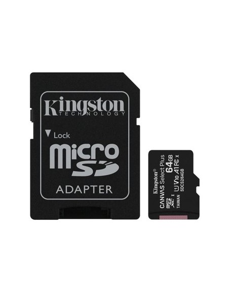 Tarjeta memoria micro secure digital sd hc 64gb kingston canvas select plus clase 10 uhs - 1 + adaptador sd