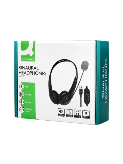 Auricular q-connect biaural diadema con microfono y control de volumen conexion usb cable de 2m color negro