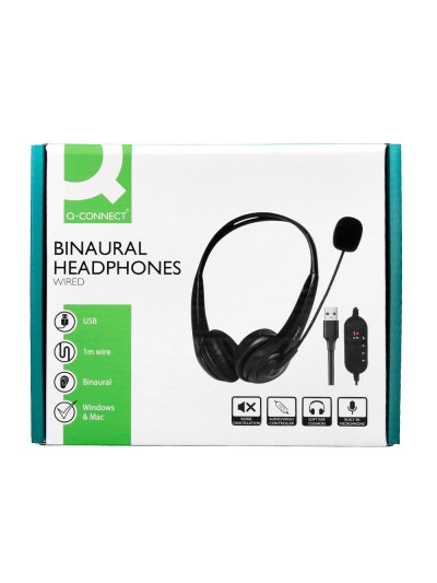 Auricular q-connect biaural diadema con microfono y control de volumen conexion usb cable de 2m color negro
