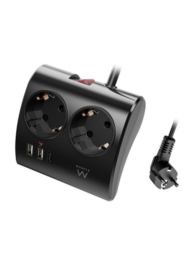 Regleta ewent 2 tomas shucko 2 puertos usb tipo a 1 puerto usb tipo c interruptor negro