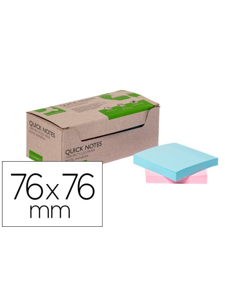 Bloc de notas adhesivas quita y pon q-connect 76x76 mm 100% papel reciclado colores pasteles en caja de carton