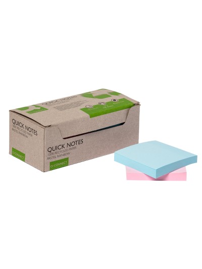 Bloc de notas adhesivas quita y pon q-connect 76x76 mm 100% papel reciclado colores pasteles en caja de carton