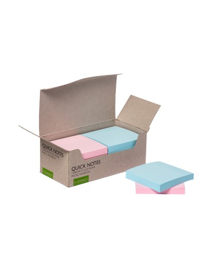 Bloc de notas adhesivas quita y pon q-connect 76x76 mm 100% papel reciclado colores pasteles en caja de carton