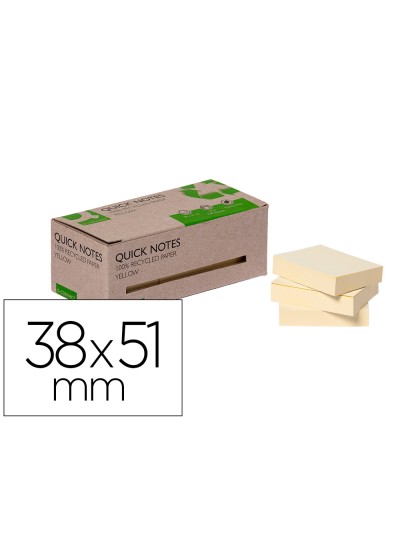 Bloc de notas adhesivas quita y pon q-connect 38x51 mm 100% papel reciclado amarillo en caja de carton