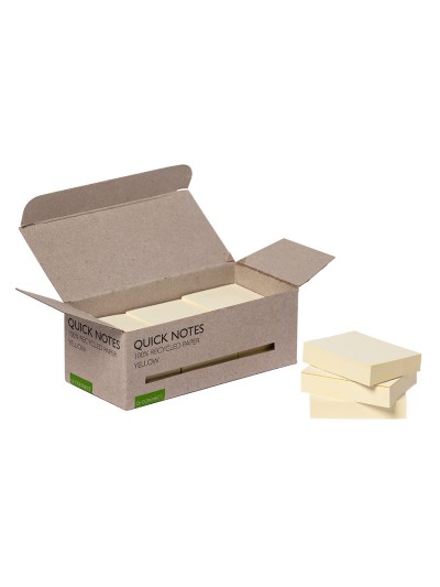 Bloc de notas adhesivas quita y pon q-connect 38x51 mm 100% papel reciclado amarillo en caja de carton