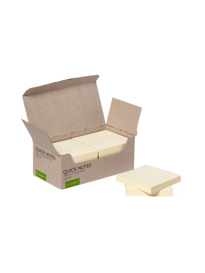 Bloc de notas adhesivas quita y pon q-connect 76x76 mm 100% papel reciclado amarillo en caja de carton