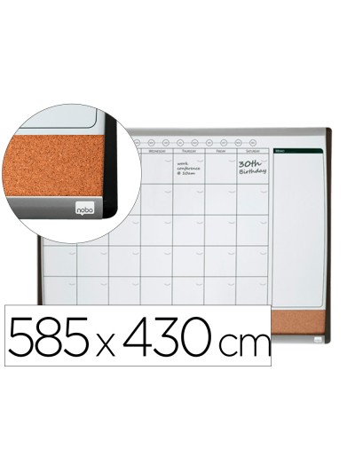 Planificador mensual nobo magnetico + tablero corcho horizontal con marco arqueado plata y negro 585x430 mm