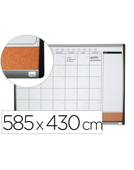 Planificador mensual nobo magnetico + tablero corcho horizontal con marco arqueado plata y negro 585x430 mm