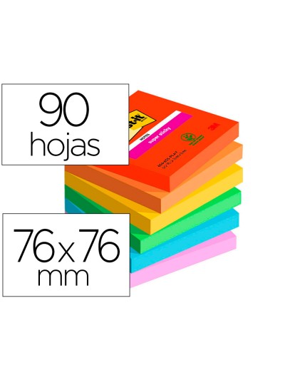 Bloc de notas adhesivas quita y pon post-it super sticky playful 76x76 mm 90 hojas 100% pefc pack de 6 unidades