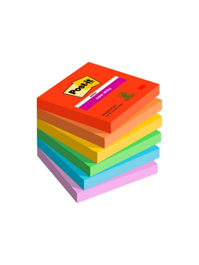 Bloc de notas adhesivas quita y pon post-it super sticky playful 76x76 mm 90 hojas 100% pefc pack de 6 unidades