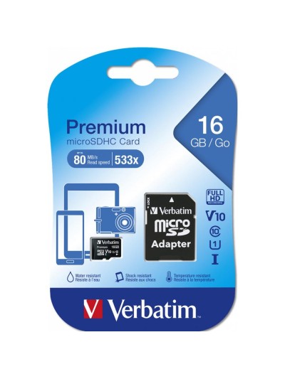 Tarjeta micro sd verbatim 16gb c10 u1 + adaptador