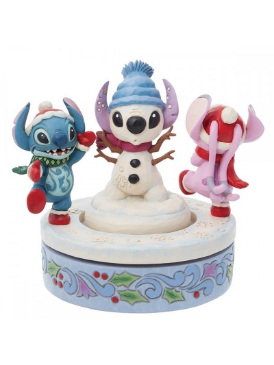 Figura decorativa enesco disney stitch y angel con muñeco de nieve rotativo