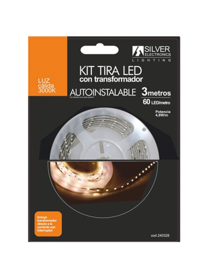 Kit tira led silver electronics 300 lm - m - 3m - 12v - 4.8w - m - 3000k - luz calida Kit tira led silver electronics 300 lm - m - 3m - 12v - 4.8w - m - 3000k - luz calida