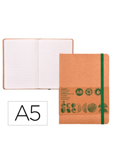 Libreta liderpapel ecouse 100% reciclada a5 96 hojas 70g/m2 horizontal con gomilla y marca paginas