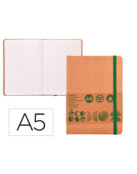 Libreta liderpapel ecouse 100% reciclada a5 96 hojas 70g/m2 horizontal con gomilla y marca paginas