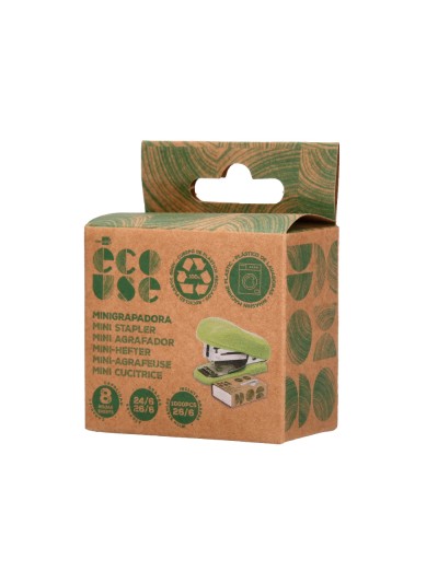 Grapadora liderpapel ecouse mini capacidad 12 hojas 100% plastico reciclado con caja de 1000 grapas 26/6