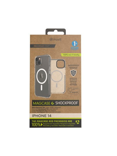 Funda muvit recycletek magsafe shockproof 3m para apple iphone 14 transparente - negra