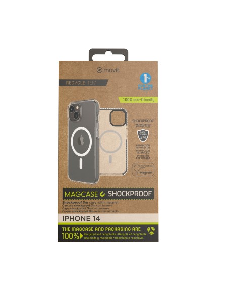 Funda muvit recycletek magsafe shockproof 3m para apple iphone 14 transparente - negra