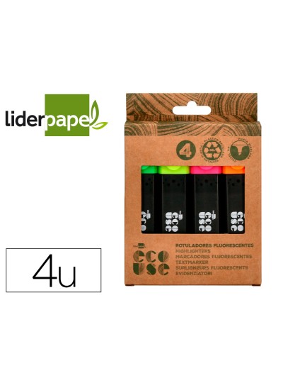 Rotulador liderpapel ecouse fluorescente fabricado con 68% plastico reciclado caja de 4 unidades colores surtidos